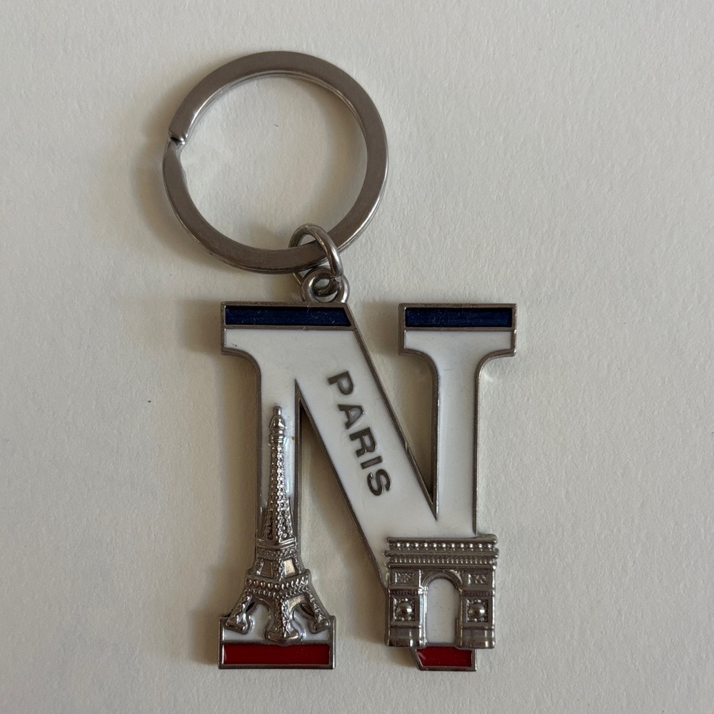 Paris N Letter Keychain with Eiffel Tower and Arc de Triomphe